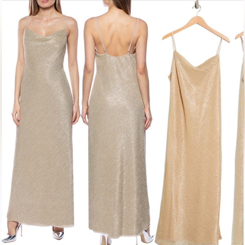 MARINA Cowl Neck Spaghetti Strap Metallic Maxi Gown Dress Size 6